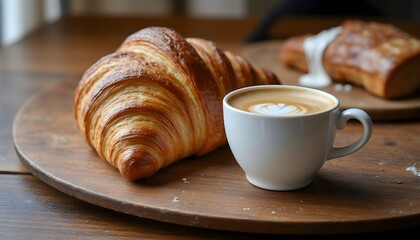Freshly baked croissant with a cup of coffee on a rustic table