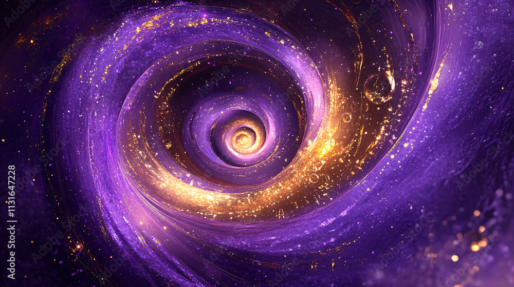 Poster twisting spiral of violet and gold energy, with luminous threads connecting to sparkling points, sym