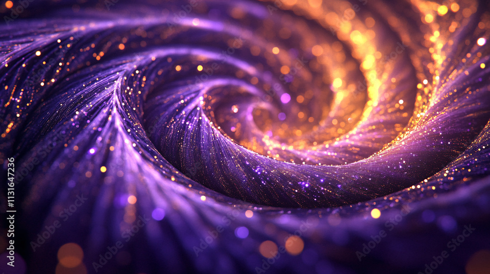 Poster twisting spiral of violet and gold energy, with luminous threads connecting to sparkling points, sym