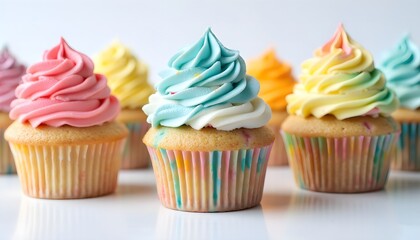 Colorful assortment of cupcakes with vibrant frosting displayed on a white background