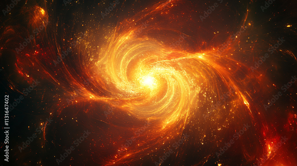 Poster vortex of golden and red sparks swirling around a glowing center, symbolizing creation and power.