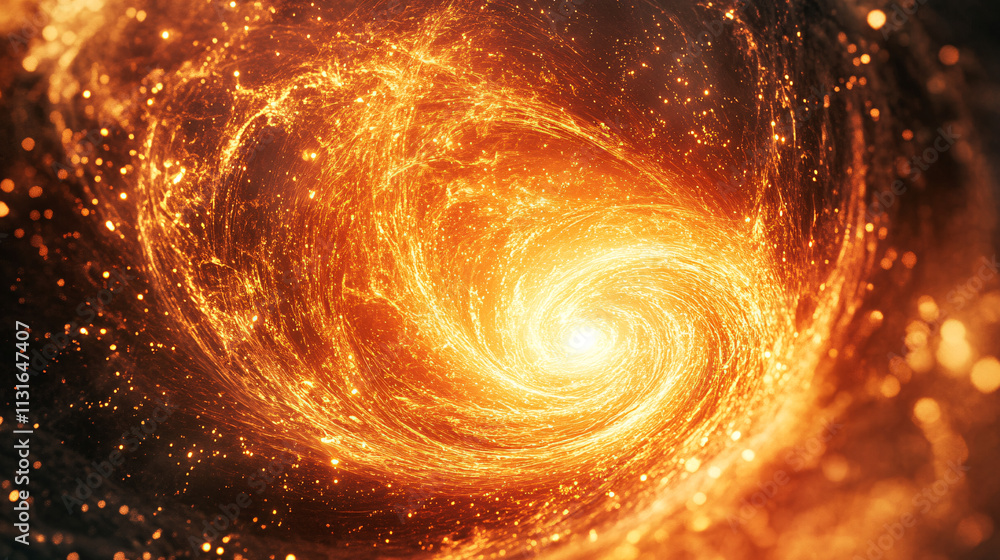 Poster vortex of golden and red sparks swirling around a glowing center, symbolizing creation and power.