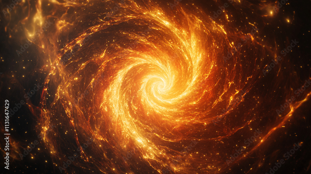Poster vortex of golden and red sparks swirling around a glowing center, symbolizing creation and power.