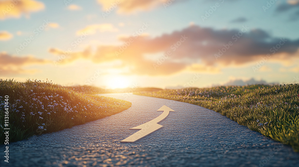 Poster winding path disappearing into the distance with a bold arrow pointing towards the future representi