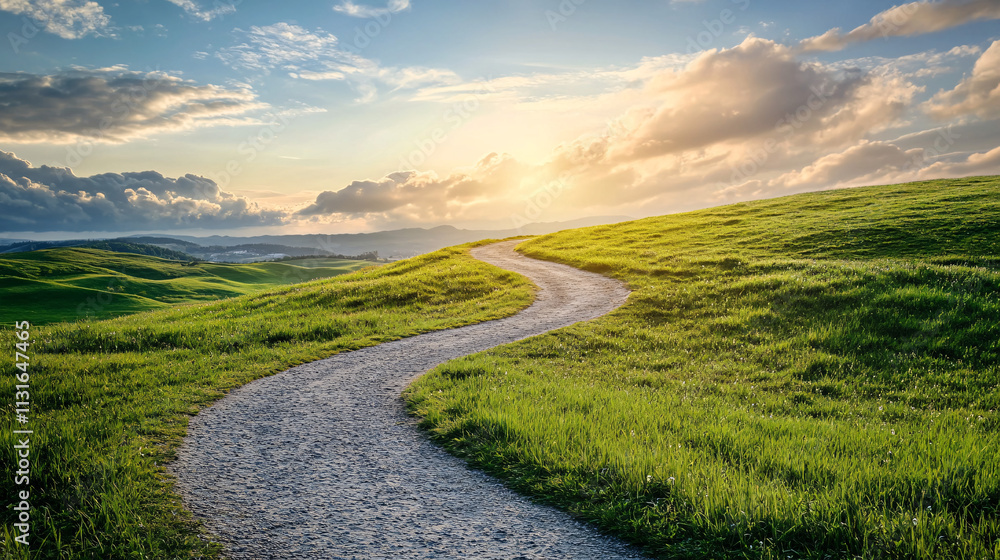 Poster winding path disappearing into the distance with a bold arrow pointing towards the future representi