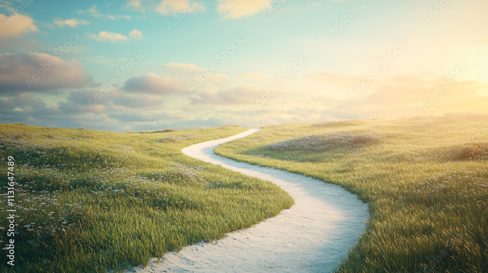 Poster winding path disappearing into the distance with a bold arrow pointing towards the future representi