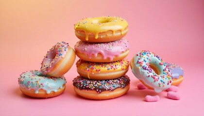 Colorful and delicious donuts stacked together on a vibrant background for a sweet treat display