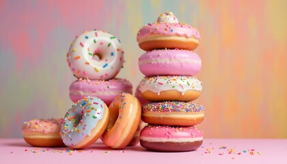 Colorful and delicious donuts stacked together on a vibrant background for a sweet treat display