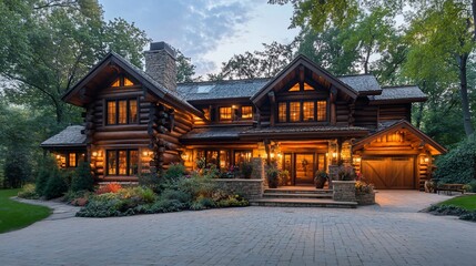 Luxurious log cabin home at dusk, showcasing its impressive architecture, landscaping, and lighting.