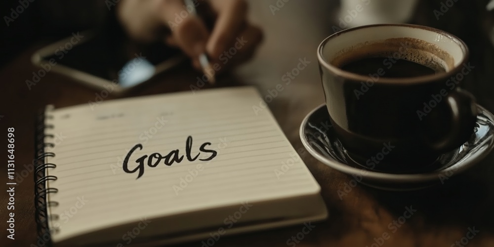 Poster A motivated individual writes their aspirations in a notepad while enjoying coffee, emphasizing the importance of planning, selfimprovement, and personal growth in daily life and future endeavors