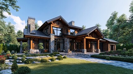 Luxurious log cabin home nestled in lush greenery.