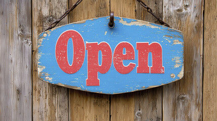 Bright and inviting image of open sign on cafe, showcasing rustic wooden background. vibrant colors create welcoming atmosphere for customers