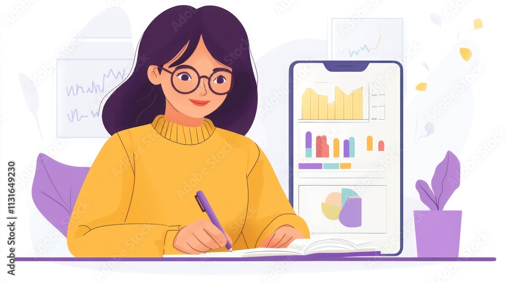 Poster a woman analyzing data and taking notes with charts displayed on a tablet.