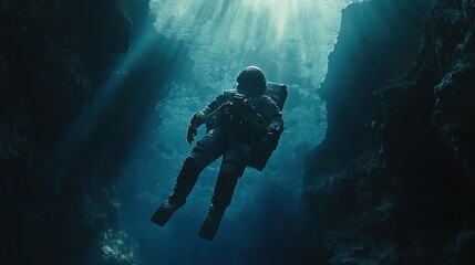 An astronaut floats in deep water, illuminated by beams of light from above.