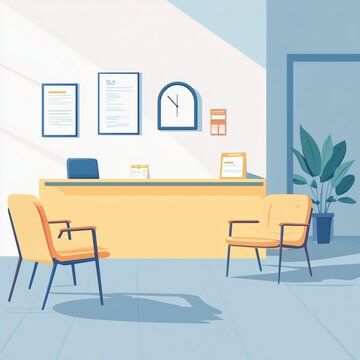 Empty Waiting Area For Patients With Doctor Appointments In Modern Healthcare Clinic At Private Practice Hospital. Front Desk With Promotional Flyers. Flat Illustration On White Background.