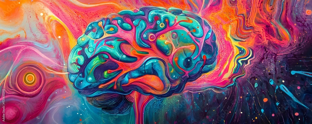 Poster a vibrant and abstract representation of a brain, filled with colors and patterns, symbolizing creat