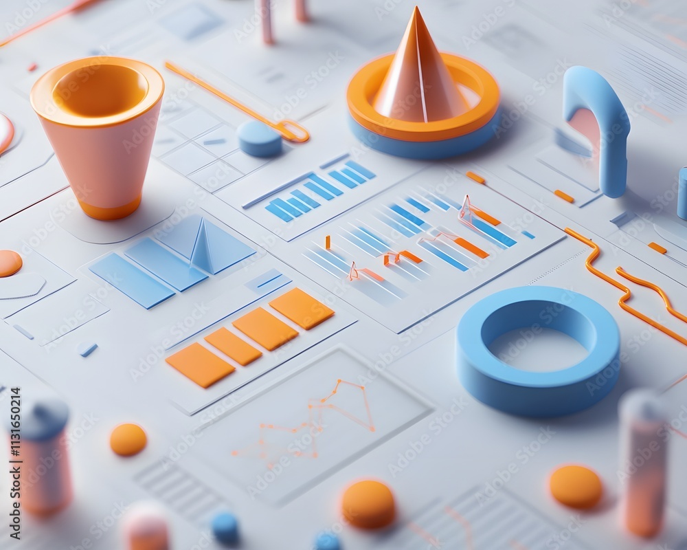Poster a vibrant and colorful abstract representation of data analytics featuring geometric shapes, charts,