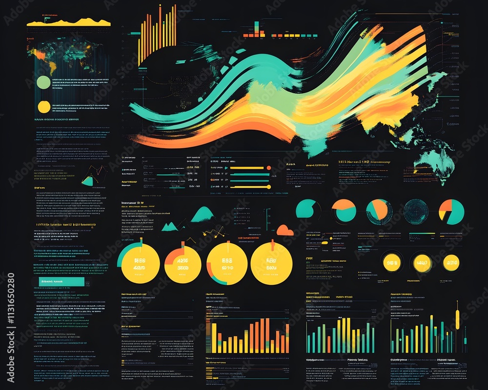Poster a vibrant and modern infographic showcasing various data visualizations, including charts, graphs, a
