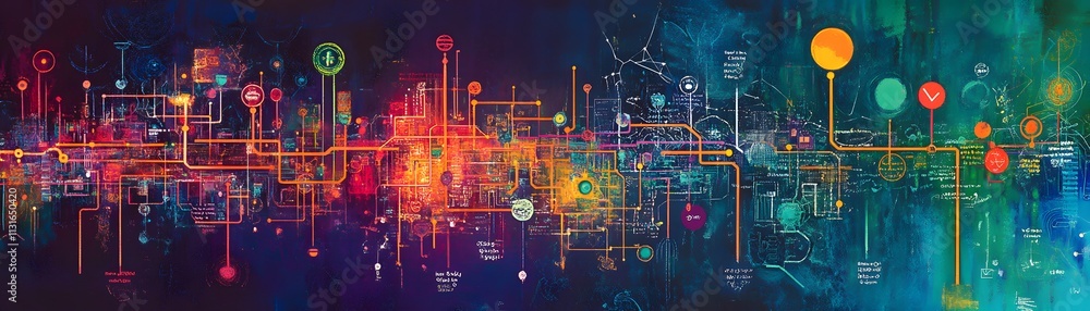 Poster a vibrant digital artwork representing the interconnectedness of technology through colorful circuit