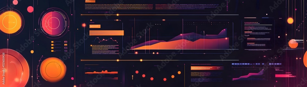 Poster a vibrant digital interface showcasing complex data visualizations, including graphs and metrics, re