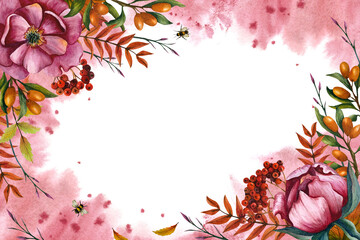 Obraz premium Bright floral arrangement. Rectangular frame with peonies and berries. Hand drawn illustration on isolated background with watercolor pink spot. For greeting card, postcard template and invitations