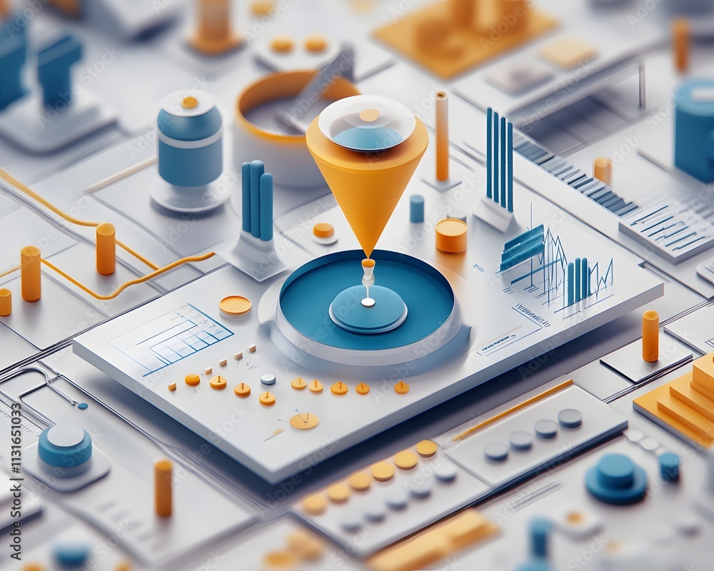 Poster abstract digital illustration showcasing a futuristic control panel with vibrant colors, sensors, an