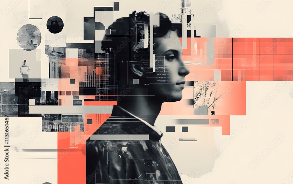Poster This artistic portrait blends human emotion with abstract patterns, symbolizing the complexity of thoughts, dreams, and inner experiences, creating a captivating visual narrative.