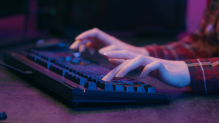 Unrecognizable girl woman hands gamer programmer hacker coding data web antivirus typing keyboard...