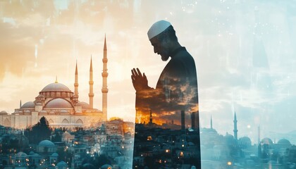 Devout Man Performing Azan With Double Exposure Of Mosque And City In The Background. A Spiritual Moment Captured In The Urban Landscape.