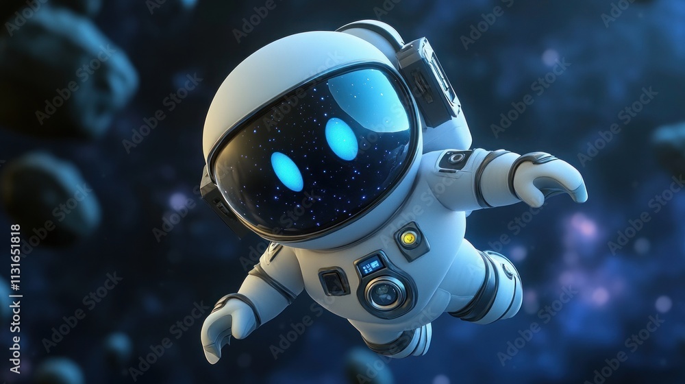 Poster a cute astronaut floating in space, surrounded by asteroids and a starry backdrop.