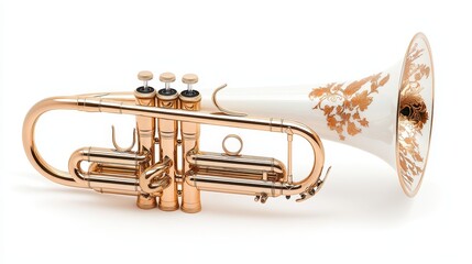 Obraz premium Artistic trumpet with floral engravings, a soft golden hue, and gleaming metallic highlights, perfectly centered on white isolate