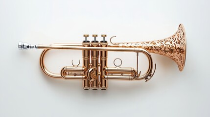 Obraz premium Artistic trumpet with floral engravings, a soft golden hue, and gleaming metallic highlights, perfectly centered on white isolate