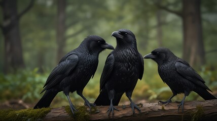Three black crows perched on a mossy log in a misty forest.