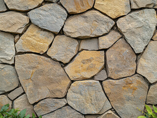 Obraz premium Weathered stone wall with various shapes and textures, showcasing natural colors and patterns. This dynamic shot captures rugged beauty of stone surface
