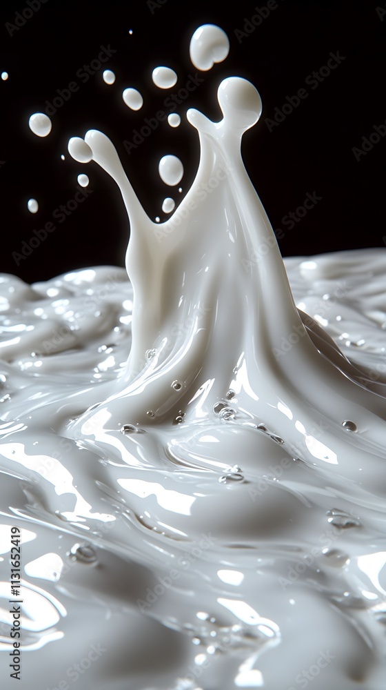 Poster a splash of white liquid creating dynamic shapes against a dark background.