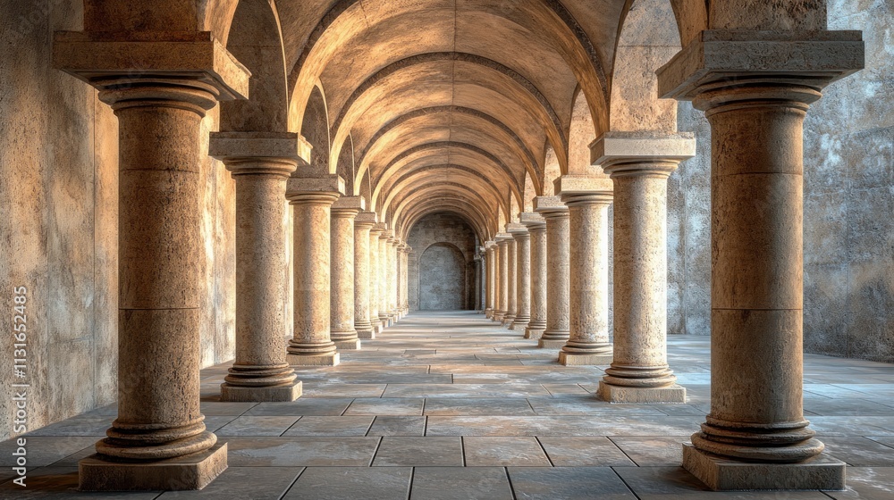 Poster a serene corridor with arched ceilings and stone columns, creating an atmospheric space.