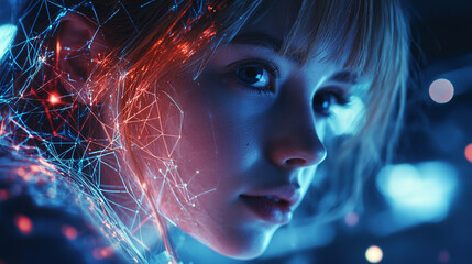 Young woman entering 3d cyberspace, animated social media interfaces, online video games, television, internet content. visualization entertainment surfing computer hologram network, copy space.