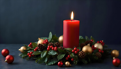 First Advent Sunday: A glowing red candle surrounded by natural holiday decorations, symbolizing hope and joy in the season of Advent