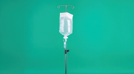 IV bag hanging on a stand against a green background.