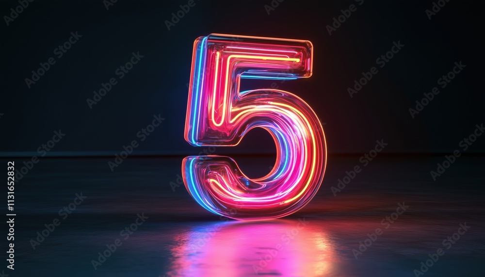 Poster neon number five glowing inside glass shape; a top chart rendering with vibrant fulcolors.
