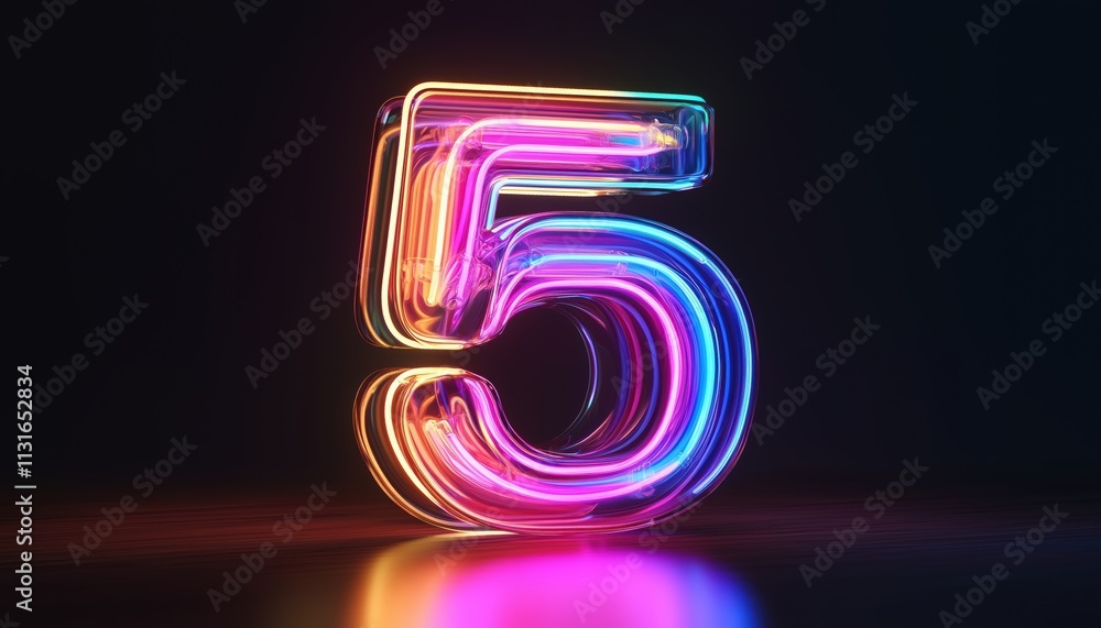Poster neon number five glows brightly in glass symbol 5 shape rendering, positioned at top of chart displa