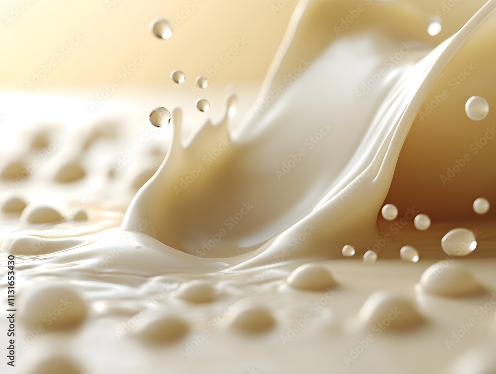 Poster a splash of creamy liquid with droplets, emphasizing texture and motion.