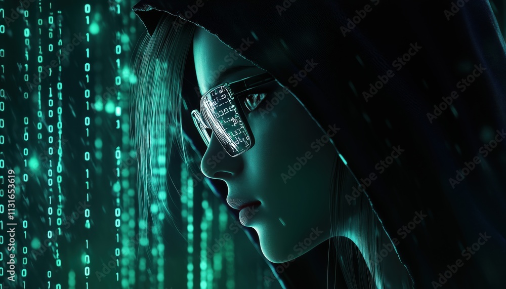 Poster cyberpunk hacker girl dons black hood and glasses in matrix rain of binary code and random symbols. 