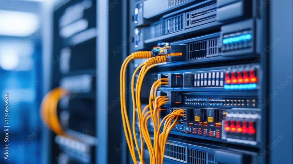 Poster network server rack with colorful cables and led lights in modern data center environment