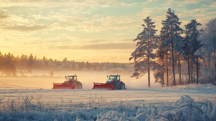 Fototapeta premium Snow-covered agricultural landscape, tractors with snow plows clearing fields, frost-covered evergreen trees, soft morning light, detailed winter farm equipment