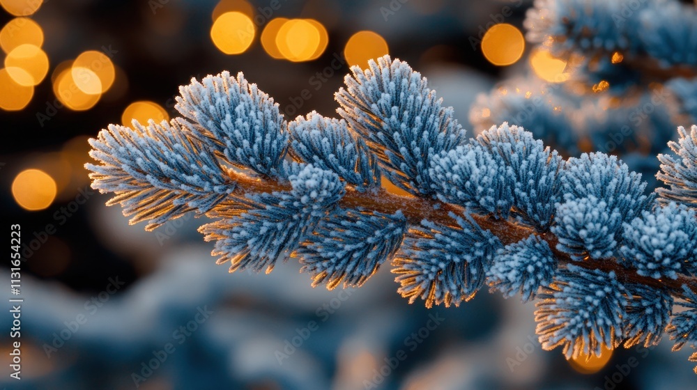 Poster a close-up of a frosted evergreen branch with warm bokeh lights in the background.