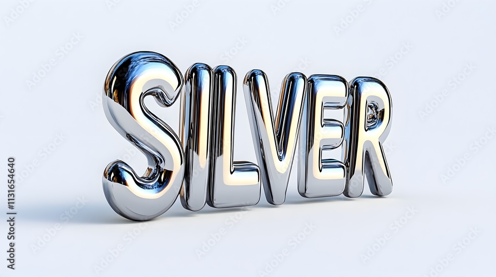 Poster metallic silver text in glossy finish on light background with 3d effect and reflection