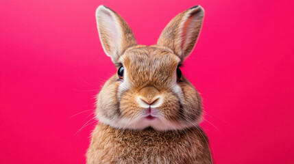 Fototapeta premium Grumpy rabbit portrait against pink background - expressive animal mood