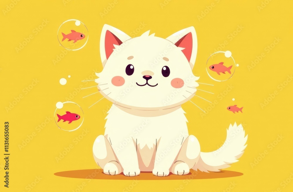 Poster a charming white cat with big eyes and a friendly expression sits calmly on a bright yellow backgrou