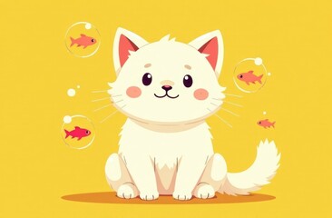 Obraz premium A charming white cat with big eyes and a friendly expression sits calmly on a bright yellow background. Small goldfish swim in bubbles around it, creating a playful atmosphere.